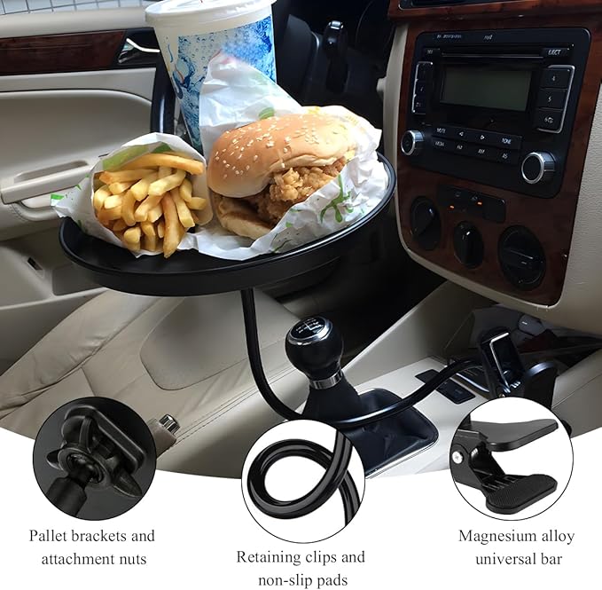 Adjustable Food Tray for Car, 360° Swivel Non-Slip Car Drink Cup Snack Table Clip Type Dining Trays, 8.7 Inch Rotating Food Table Folding Storage Tray for Most Vehicles