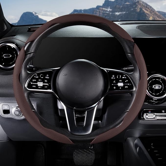 Car Steering Wheel Cover Leather Snap On 3Pcs Set Non-Slip Protector Wrap Steering Wheel Accessories 14.5-15 inch Universal Brown