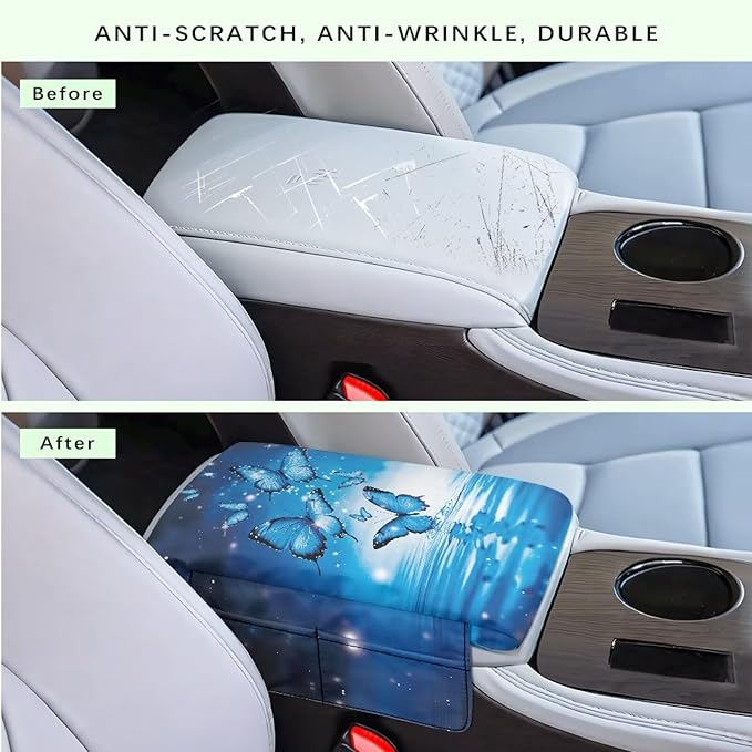 Dreaweet Car Armrest Cover Blue Butterfly Car Accessories Thick Center Console Cover Pad Universal Arm Rest Cover for Car Console Covers with Pockets for Truck Sedan SUV
