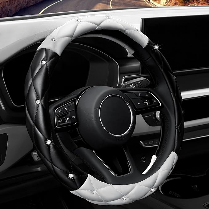 YOGURTCK Cute Diamond Soft Leather Anti-Slip Steering Wheel Cover with Bling Bling Crystal Rhinestones, Universal 15 Inch for Women Girls, Fit Vehicles, Sedans, SUVs, Vans, Trucks - Black and White