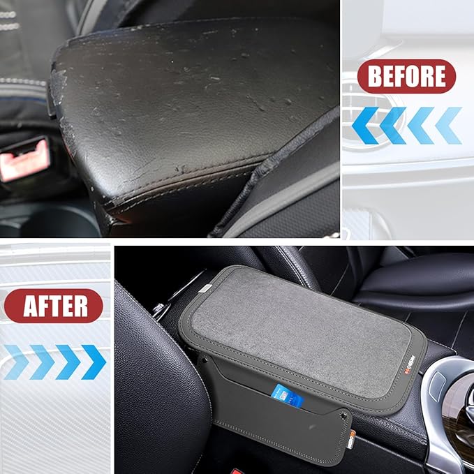 Car Center Console Cover, Leather Furry Fluffy Armrest Seat Box Cushion Pad with 2 Storage Bags, Comfortable Auto Interior Middle Console Protector, Compatible with Most Vehicle (Gray)