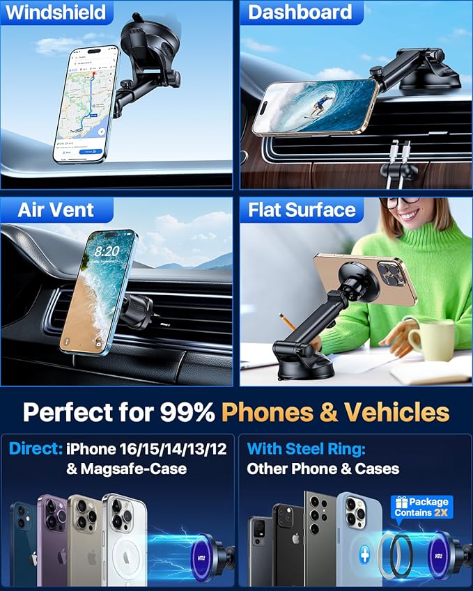 【Military-Grade】HTU for MagSafe Car Mount【Upgraded Strongest Suction】Magnetic Phone Holder Cell Stand for Dashboard Windshield Vent,Truck Cradle for iPhone 17 Pro Max 16 15 14 13 12 Tesla, Navy Blue