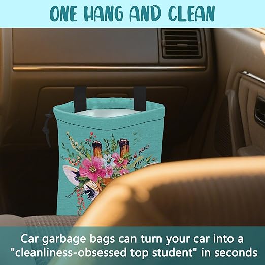 KXWQTRDD Car Trash Bag Watercolor Giraffe and Floral Hanging Drawstring Car Organizer and Storage Bag with Adjustable Buckle Canvas Garbage Bin for Back Seat or Hanging Headrest Car Decor