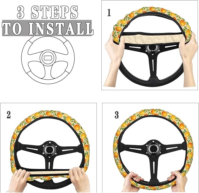 FeHuew Watercolor Oranges Leaves Steering Wheel Cover for Women, Girls 15 inch Universal Auto Car Anti Slip Wrap Steering Wheel Covers Fit for Vehicles, Truck, SUV
