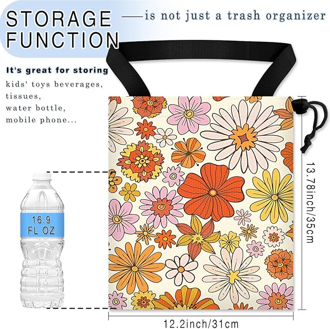 GEGEPINK Car Trash Bag Hanging Back of Seat Waterproof Small Cute Printed One-Handed Strap Drawstring Garbage Bags for Car-Colorful Flower