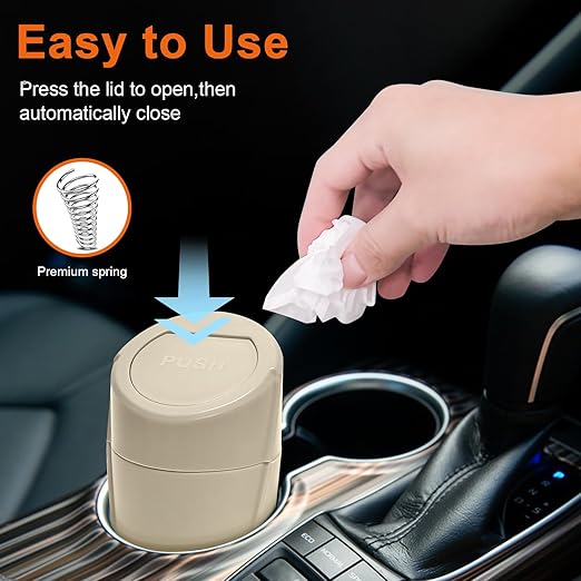 Kincown Car Trash Can, 2 Packs Mini Car Trash Bin with Lid, Leakproof Cup Holder Car Garbage Can with 60 Trash Bags, Vehicle Front Back Seat Organizers and Storage for Car, Home, Office, Beige