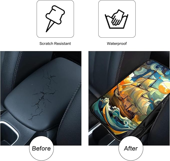 JANENFNA Car Armrest Cover Pads Universal Fashion Cute Auto Center Console Armrest Cover Pad with 2PCS Car Coasters Soft Waterproof Car Armrest Seat Protector for Women,Ocean Sailboat
