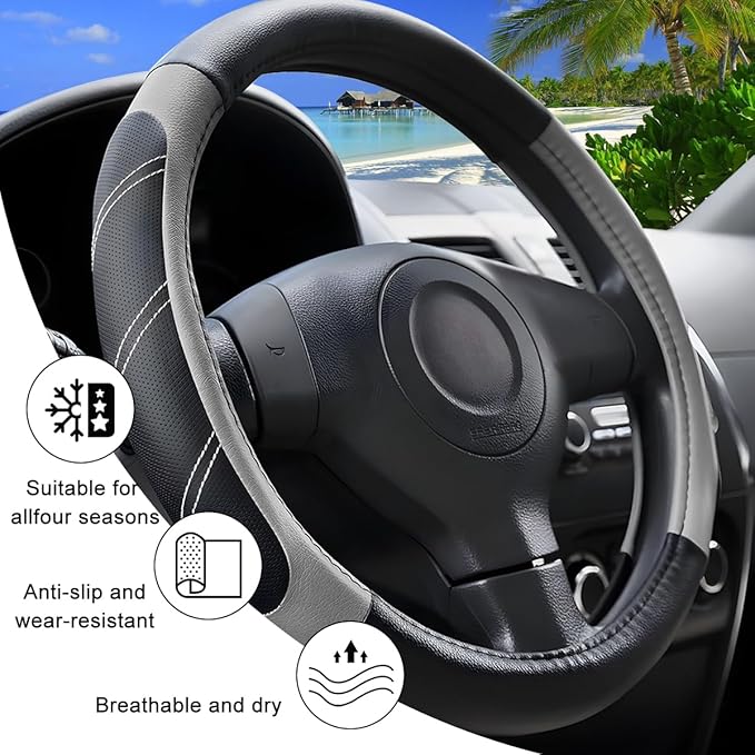 Car Steering Wheel Cover, 15 Inch Carbon Fiber Leather Non-Slip Steering Wheel Protector with Lining, Breathable Automotive Interior Accessories, Universal for SUV RV Truck (Gray)