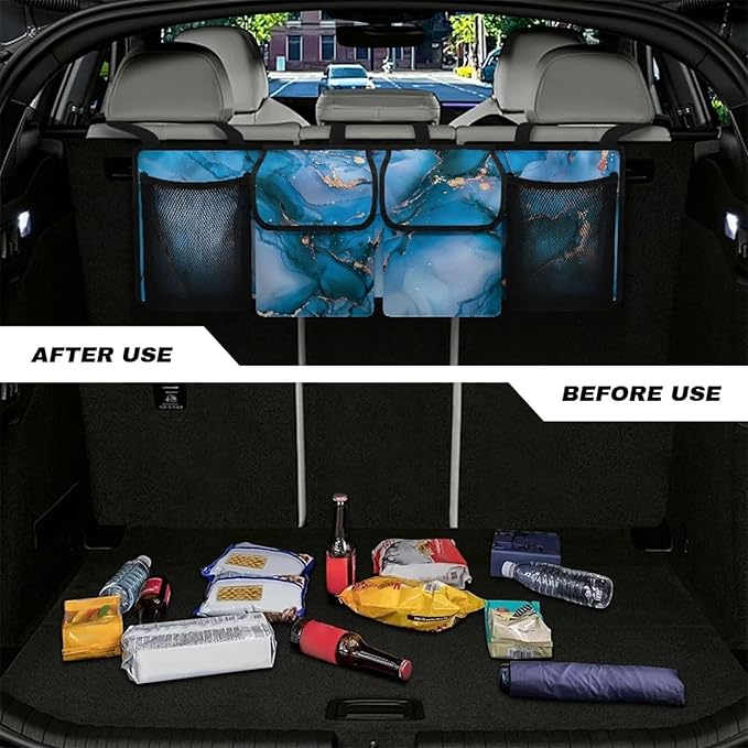 Car Trunk Organizer, Blue Marble Backseat Hanging Large Storage with Adjustable Straps & 4 Pockets, Waterproof Collapsible Cargo Bag, Car Interior Accessories