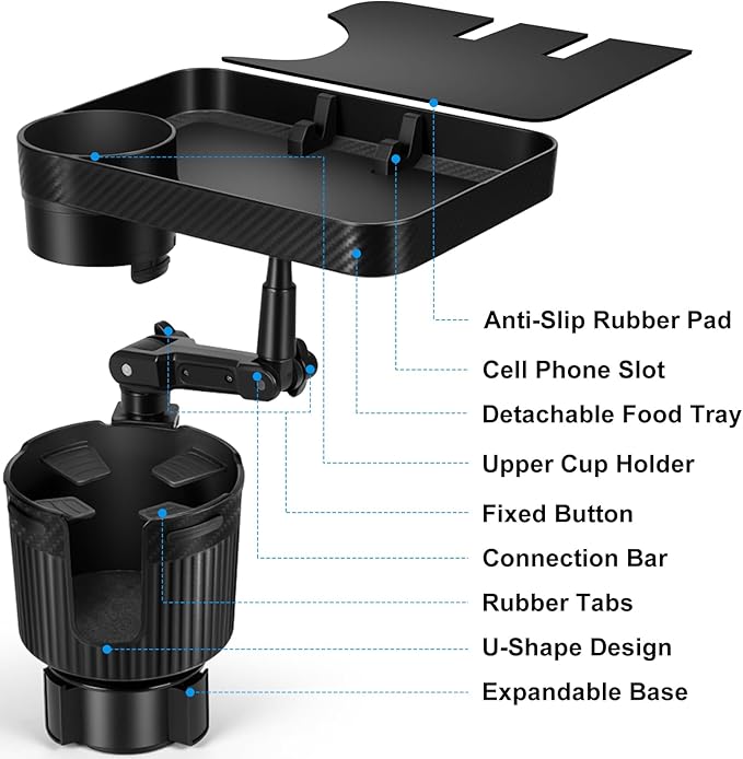 Car Cup Holder Tray, Car Food Tray for Eating with Phone Holder, Large Car Cup Holder Expander with Adjustable Base, Fit in 2.52-3.54 inch Car Holder, Road Trip Essentials