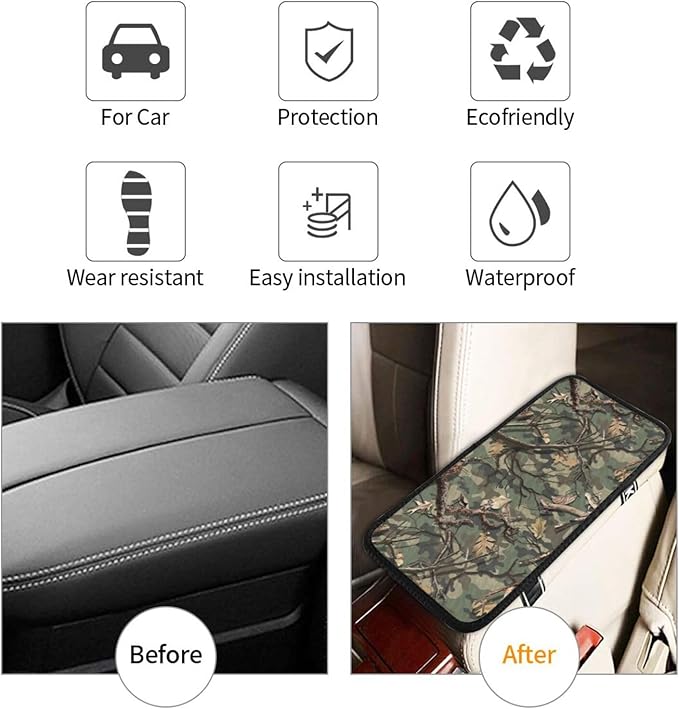 DORKEIXIA Camo Camouflage Green Hunting Army Military Forest Tree Leaf Auto Center Console Armrest Pad Universal Car Center Console Cover Seat Box Cover for Sedan, Van, SUV, Truck Car Accessorie
