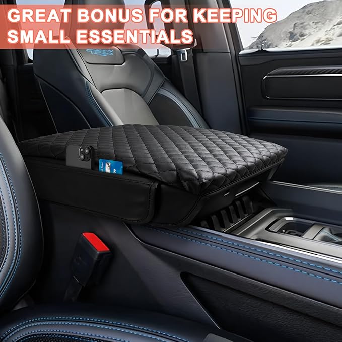 Center Console Cover for 2019-2026 Ram 1500 Center Console Cover, Armrest Cushion Pad Accessories with Side Pockets, PU Leather for 5th Ram 1500 Anti-Scratch for Ram 1500 Accessories
