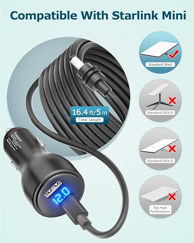 Starlink Mini 12V Adapter Booster 16.4FT, 12V to 20V DC Step Up Converter with 100W, Starlink Mini Car Charger Cigarette Lighter 20V 100W with Voltmeter Supports 23M /75FT USB C to DC Power Cable