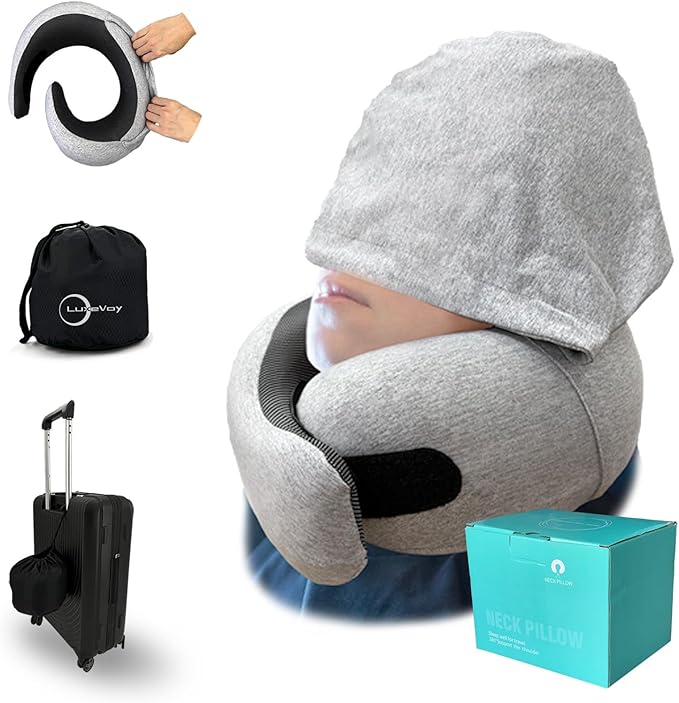 LuxeVoy 2025 Travel Neck Pillow,Stowable Hood,Ergonomic Neck Pillow Airplane,Premium Memory Foam,360º Support,Adjustable Fit,Washable Cover,Complete Travel Set,for Flight,Car and Office (Silver)