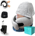 LuxeVoy 2025 Travel Neck Pillow,Stowable Hood,Ergonomic Neck Pillow Airplane,Premium Memory Foam,360º Support,Adjustable Fit,Washable Cover,Complete Travel Set,for Flight,Car and Office (Silver)