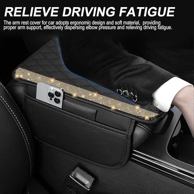 NBTEPEM Bling Car Center Console Cover, Leather Car Arm Rest Cover Cushion with 2 Storage Bags, Universal Automotive Armrest Protector Storage Box, Bling Accessories Interior for Most Vehicles (Gold)