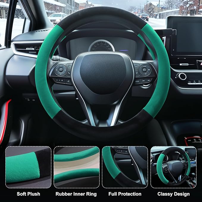 SEG Direct Steering Wheel Cover for Car, Standard Size 14.5-15 inch, Auto Interior Accessories, Warm Plush, Summer Winter, Black and Forest Green