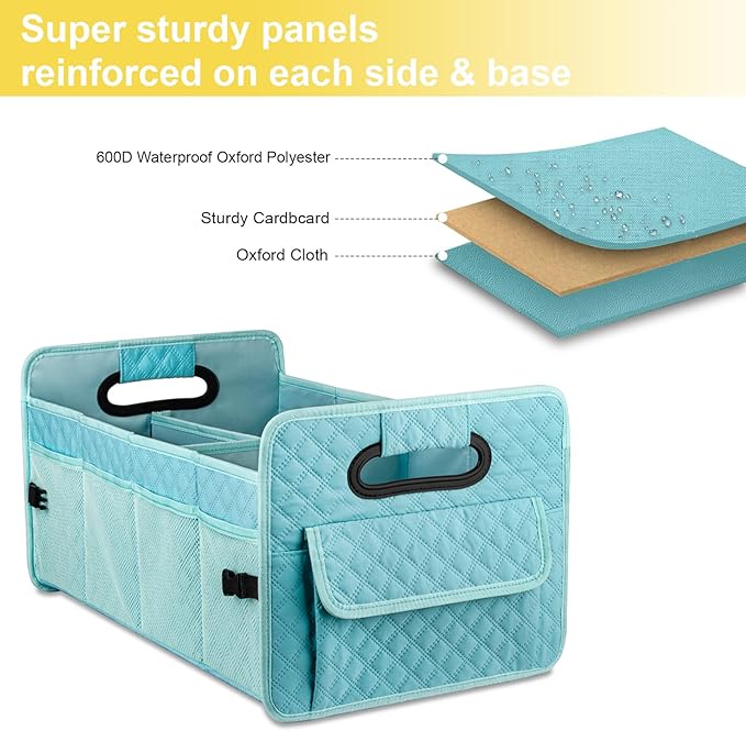 JiatuA Car Trunk Organizers and Storage for SUV, Collapsible Multi Compartment Container Box Adjustable Car Accessories for Women Men, Lake Blue
