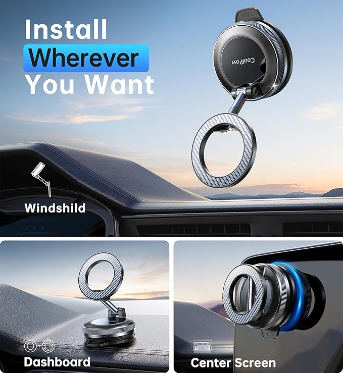 Coolpow【Newest Vacuum Magnetic Phone Holder for Car Phone Holder Mount【Movable Vacuum Suction】 Magsafe Car Mount Cell Phone Holders for Your Car Accessories Interior for Women Men for iPhone 17 16 15