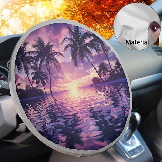 Palm Tree Print Steering Wheel Shade Cover for Women Fashion Universal Steering Wheel Cover 17 Inch Heat Resistant Car Rudder Sun Block Gift for Birthday