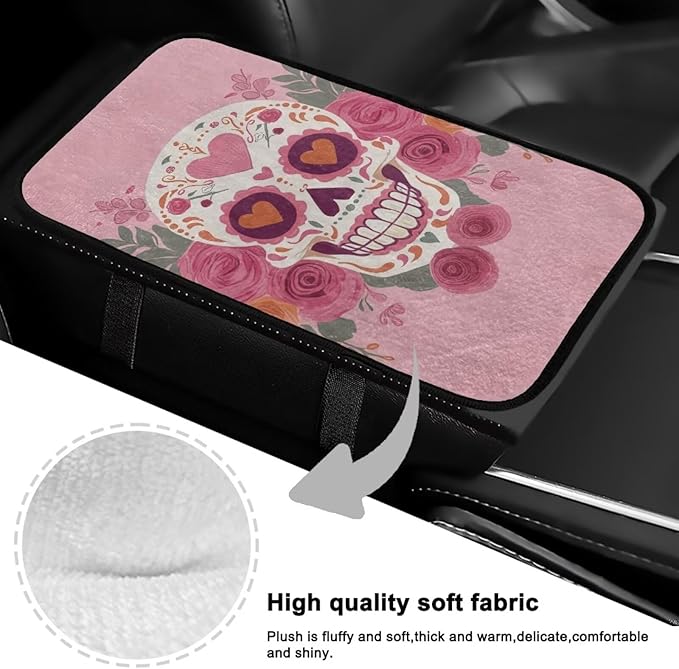 Bulopur Valentine's Day Skeleton Rose Center Console Cover Easy to Install Car Armrest Cushion Flannel Protector Protect from Pet Claws Thickened Universal Fit for Vehicles,Cars,Suvs,Vans,Sedans