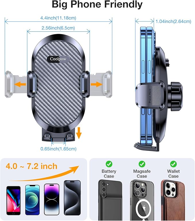Coolpow Phone Holders for Your Car Vent Phone Mount for Car【Smallest & Wider Clamp & Metal Hook】Air Vent Phone Holder for Car Phone Holder Vent Cell Phone Stand for iPhone Samsung Android Smartphones