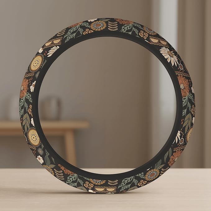 Cute Steering Wheel Cover for Women, Machine Washable Universal 14.5-15.5 inch Non-Slip Grip All Weather Use (Retro Floral)