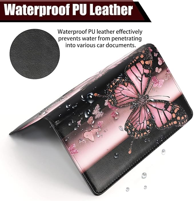 Car Document Holder with Magnetic Shut, Car Registration and Insurance Card Holder, Vehicle Glove Box Organizer Documents, Driver License, Auto Paperwork Organizer Wallet, Pink Butterfly Pattern