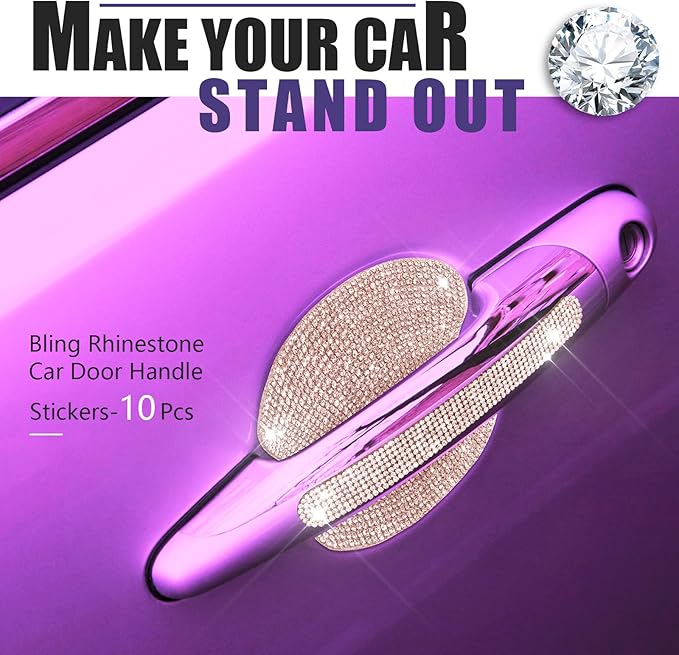 Frienda 10 Pieces Bling Car Accessories for Women Bling Car Door Handle Protector Door Handle Covers for Car Rhinestone Car Bowl Protector Accessories Women Stickers(Rose Gold)