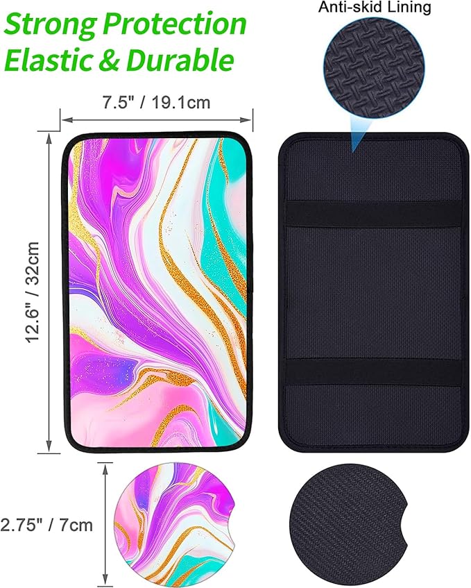 JANENFNA Car Armrest Cover Pads Universal Fashion Cute Auto Center Console Armrest Cover Pad with 2PCS Car Coasters Soft Waterproof Car Armrest Seat Protector for Women,Pink Pattern Marble