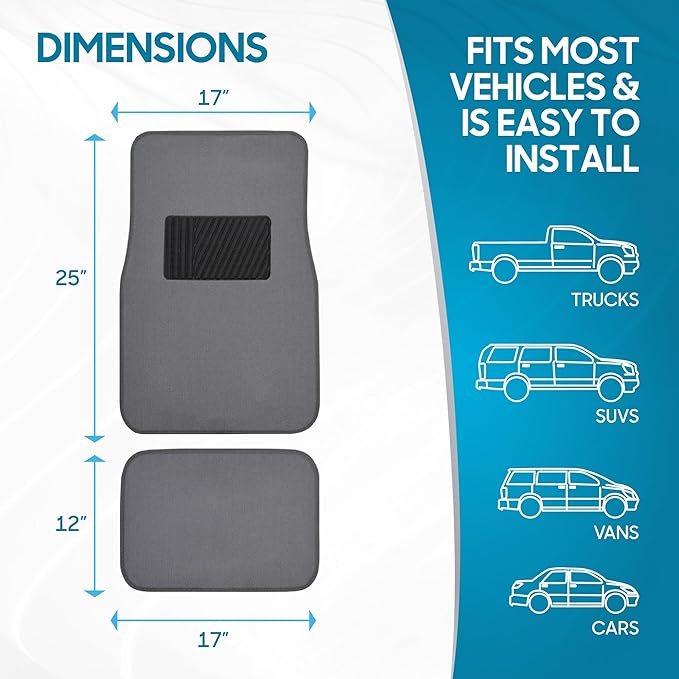 BDK Classic Carpet Floor Mats for Car & Auto - Universal Fit -Front & Rear with Heelpad (Medium Gray) - MT-100-CPTSERIES