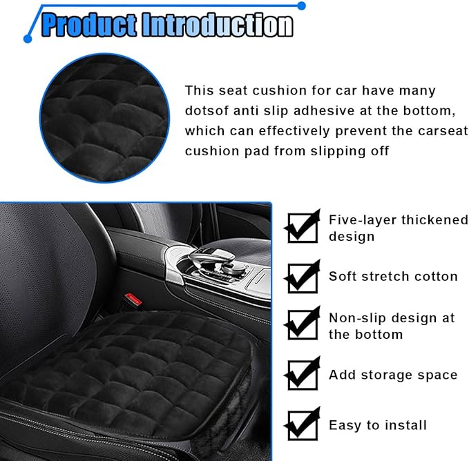 Car Seat Cushion, Soft Plush Vehicle Driver Seat Pad with Storage Pocket, Non-Slip Flat Rubber Bottom, Universal Seat Protector Cover for Truck, Car, SUV, Home, Office, Chair(Black)
