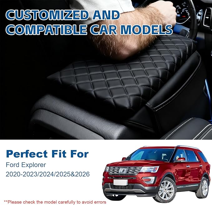 Thickened Armrest Cover Fit for Ford Explorer 2020-2024 2025 Center Console Cover Accessories, PU Leather Arm Rest Covers Lid Protector Seat Box Cushion Pad with Pockets Storage Bag