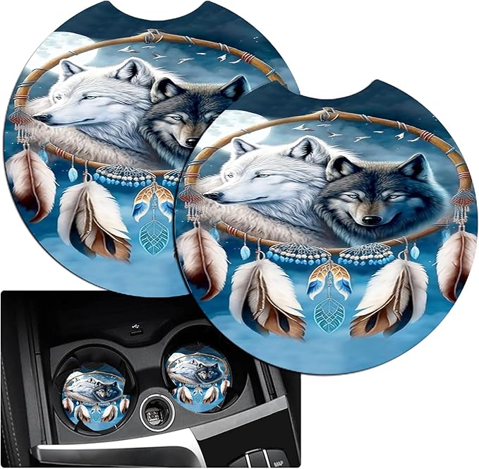 JANENFNA Car Armrest Cover Pads Universal Fashion Cute Auto Center Console Armrest Cover Pad with 2PCS Car Coasters Soft Waterproof Car Armrest Seat Protector for Women,Wolf Feather Hanger