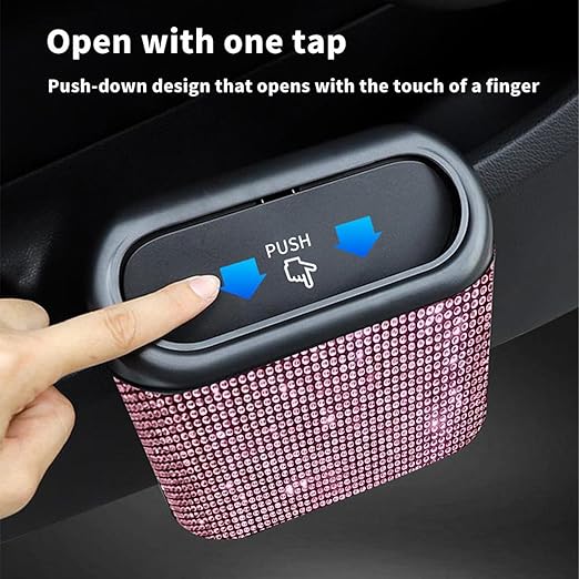 Bling Car Trash Can with Lid Mini Auto Garbage Bin Rhinestone Hanging Vehicle Trash Container Odor Proof Organizer (Pink)