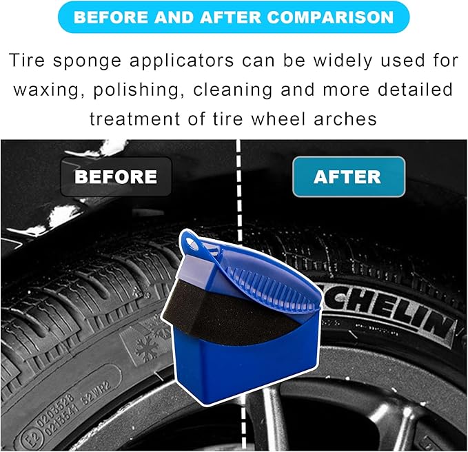 Augeny Tire Dressing Applicator, Reusable Car Tire Shine Sponge Pad With Lid, Durable Foam Auto Wheel Detailing for Vehicle Waxing Polishing Cleaning (Blue)