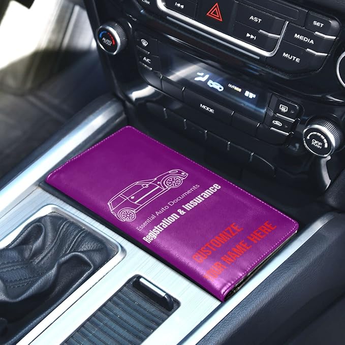Caihoyu Custom Car Registration and Insurance Card Holder Personalized Leather Glove Box Organize Men Women Wallet Accessories Case for Cards, Essential Document Driver License Purple