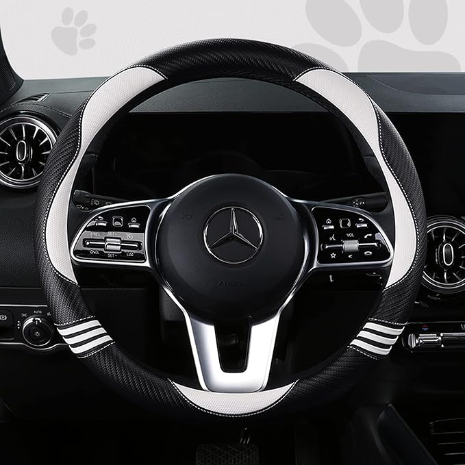 Car Steering Wheel Covers for Women Girl Padded Carbon Fiber PU Leather Cute Cartoon Auto Interior Accessories for Jeep, Truck, Universal, Anti Slip, White, Large Size, 15.2-16in