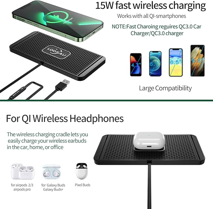 LOOSAU Wireless car Charger Charging pad 15w Non Slip FastCharger for car Wireless Phone Charger for Android for iPhone 11/12/13/14/15/16 /17 Pro Max Xs,Samsung Galaxy S20, S10+ Note 9，LG