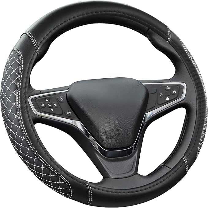 West Llama Customized Auto Car Steering Wheel Cover for Chevy Silverado,Tahoe,Equinox,Traverse,Trailblazer,Colorado(Diamond Quilted-Black+Gray-Standard Size)