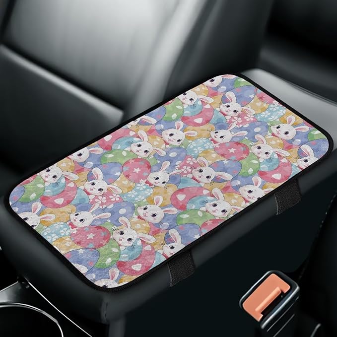 Bulopur Cute Easter Bunny Center Console Cover Easy to Install Car Armrest Cushion Flannel Protector Protect from Pet Claws Thickened Universal Fit for Vehicles,Cars,Suvs,Vans,Sedans