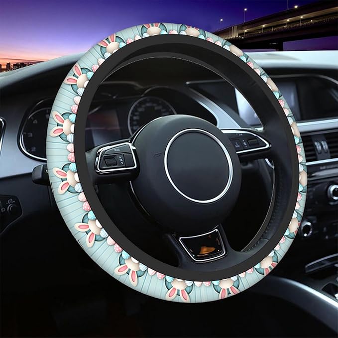 Swono Easter Universal 15" Steering Wheel Covers Easter Bunny Bottom Pink Blue Eggs Blue Wooden Cute Car Steering Wheel Cover for Men Women Girls Car Accessories