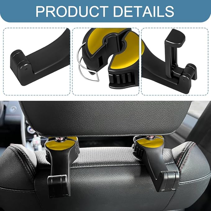 2PCS Car Headrest Hidden Hook, Bag Holder for Car, 2 in 1 Auto Seat Hooks with Phone Holder, 360° Rotation Adjustable Vehicle Back Seat Storage Hanger for Purses and Bags (Gold)