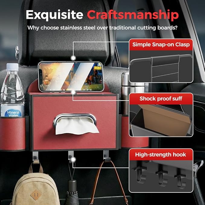 Back Seat Car Organizer,3 in 1 Car Backseat Storage Box with Cup Holder,Tissue Box,Trash Bin&Hooks,Multifunctional Waterproof Storage for Hold Phones Snacks Drinks Handbags (1, A-Beige)