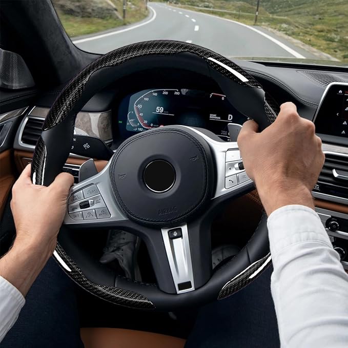 LevChall 3-Piece Carbon Fiber Steering Wheel Cover, Anti-Slip & Segmented Thin Design for Comfort Grip, Universal Fit 99% Cars SUV Truck,Black