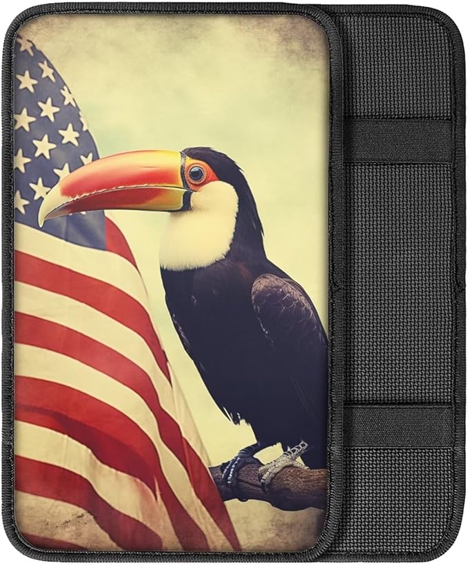 Car Center Console Pad, Universal Waterproof Car Armrest Seat Box Cover, Car Interior Accessories for Most Vehicle SUV Truck Vintage American Flag Toucan Car Armrest Pad