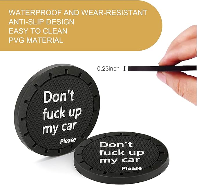 leechio 2 PCS Car Cup Coasters, Insulated Silent Cup Holder Coaster, Don't Fuck Up My Car Personalized Slogan Decorative Center Console Cup Holder Honeycomb Anti-Slip Drink Mat, for Most Cars (Black)