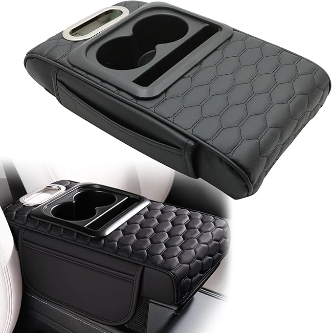 AOUTTUOA Universal Car Multifunctional Armrest Heightening Pad Microfiber Leather Black Multifunctional Car Armrest Cushion Storage Cup Holder Phone Storage Slot