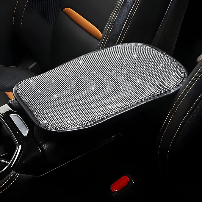 Bling Center Console Cover, Diamond Fashion ArmRest Pad, Crystal Soft Arm Rest Protective Cushion, Car Accessories for Women Girls, 11.8"×8.5" for Most of Vehicles, SUVs, Trucks (Black&White)