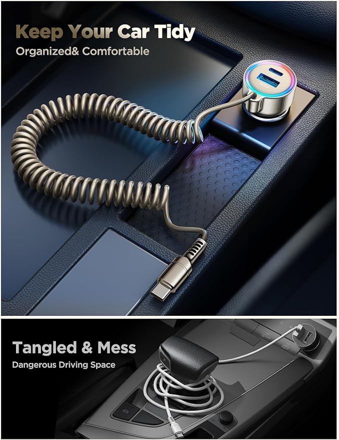 60W USB C Car Charger Fast Charge PD& QC3.0 with 5ft 30W Type C Coiled Cable, Car Phone Charger Adapter for iPhone 17/16/15 Pro Max Plus, Samsung Galaxy S25/S24/S23, Pixel/Moto/LG/Android, iPad Pro